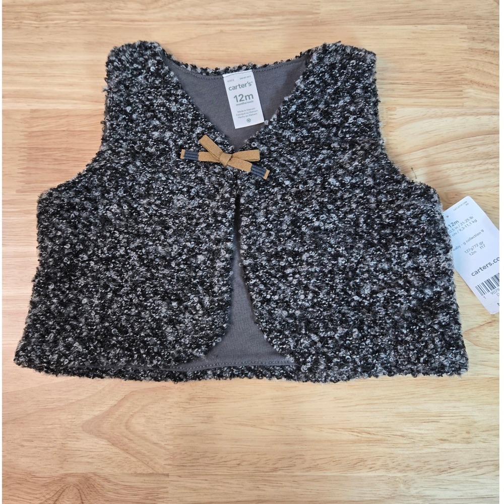 Carters Baby Girls 12M Grey Boucle Knit Vest Faux Suede Bow NWT 127g772